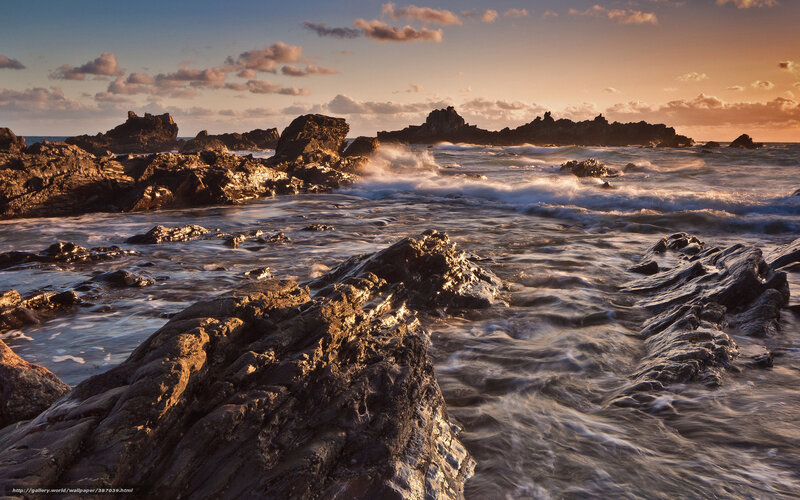 Rocky Coastline at Sunset — Orange, Dramatic, Photograph, Ocean, Waves, Clouds