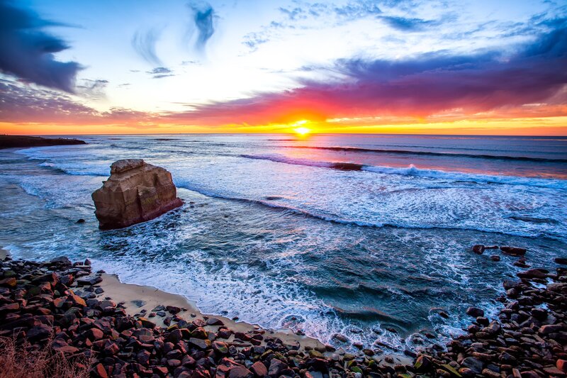 Rocky Coastline at Sunset — Orange, Dramatic, Photograph, Ocean, Waves, Sky
