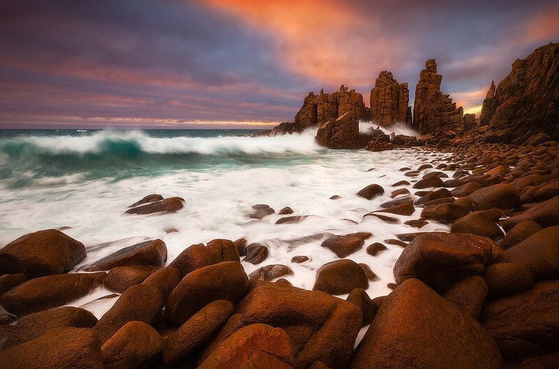 Rocky Coastline at Sunset — Orange, Dramatic, Photograph, Ocean Waves