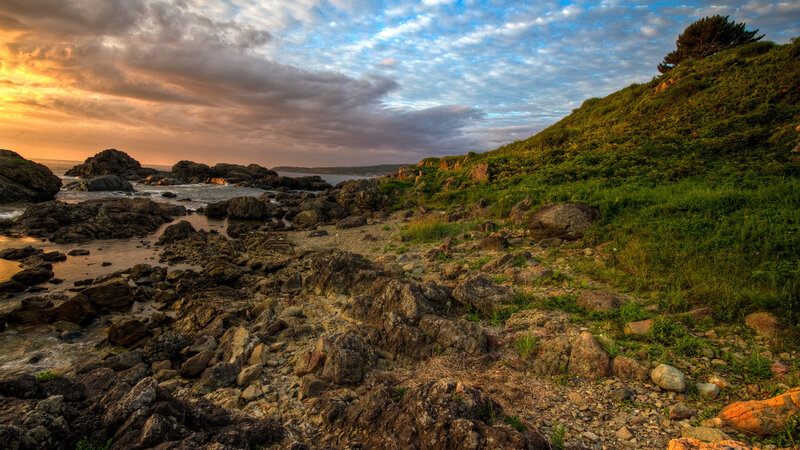 Rocky Coastline at Sunset — Orange, Dramatic, Photograph, Rocks, Grass