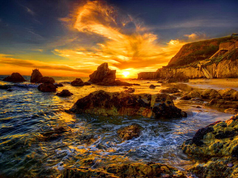 Rocky Coastline at Sunset — Orange, Dramatic, Photograph, Rocks, Ocean, Cliff