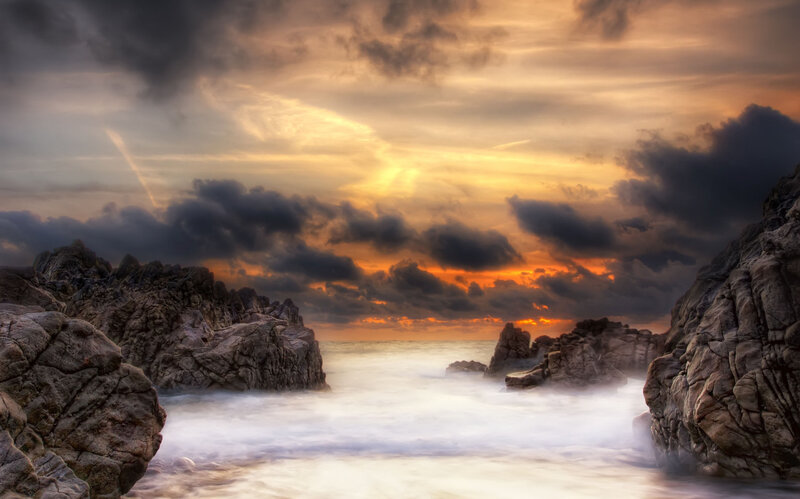 Rocky Coastline at Sunset — Orange, Dramatic, Photograph, Rocks, Ocean, Clouds