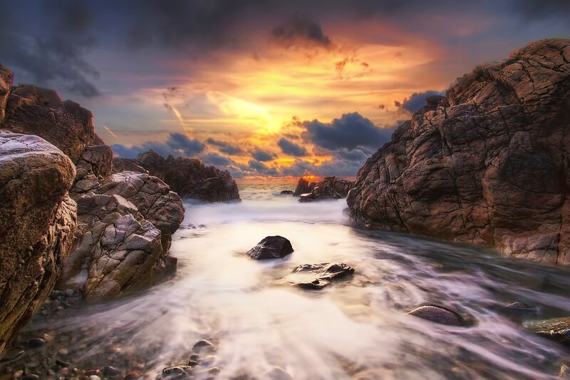 Rocky Coastline at Sunset — Orange, Dramatic, Photograph, Rocks, Ocean, Sky, Clouds