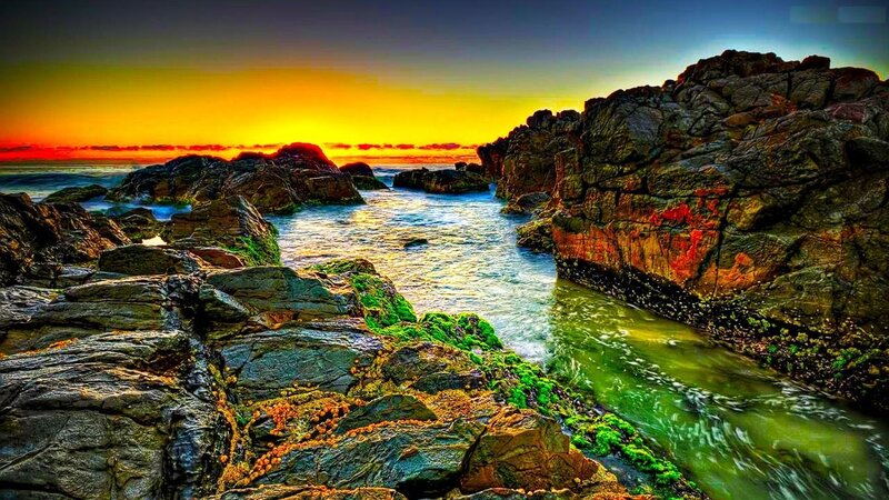 Rocky Coastline at Sunset — Orange, Dramatic, Photograph, Rocks, Ocean, Sky, Seaweed