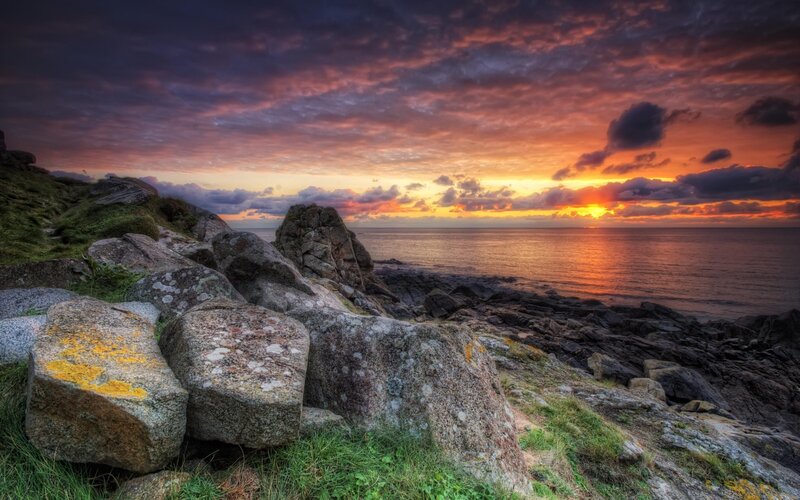 Rocky Coastline at Sunset — Orange, Dramatic, Photograph, Rocks, Ocean, Sky