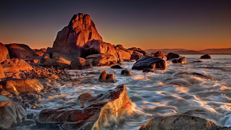 Rocky Coastline at Sunset — Orange, Dramatic, Photograph, Rocks, Ocean, Sky, Waves