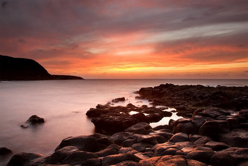 Rocky Coastline at Sunset — Orange, Dramatic, Photograph, Rocks, Ocean
