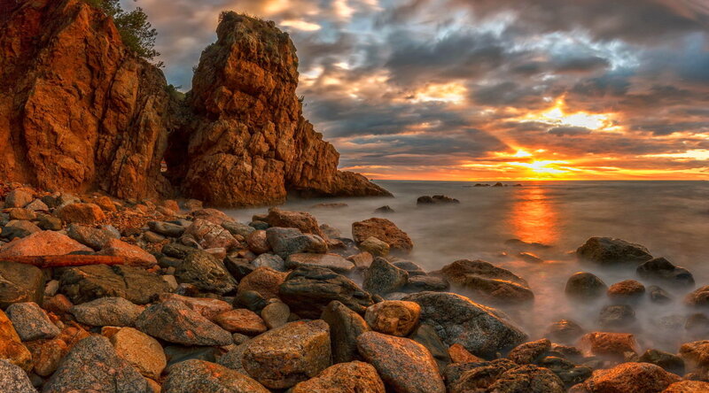 Rocky Coastline at Sunset — Orange, Dramatic, Photograph, Rocks, Sea, Clouds