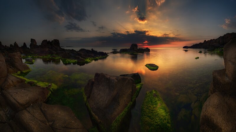 Rocky Coastline at Sunset — Orange, Dramatic, Photograph, Rocks, Sea, Sky, Moss