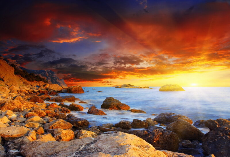 Rocky Coastline at Sunset — Orange, Dramatic, Photograph, Rocks, Sea, Sky, Sun