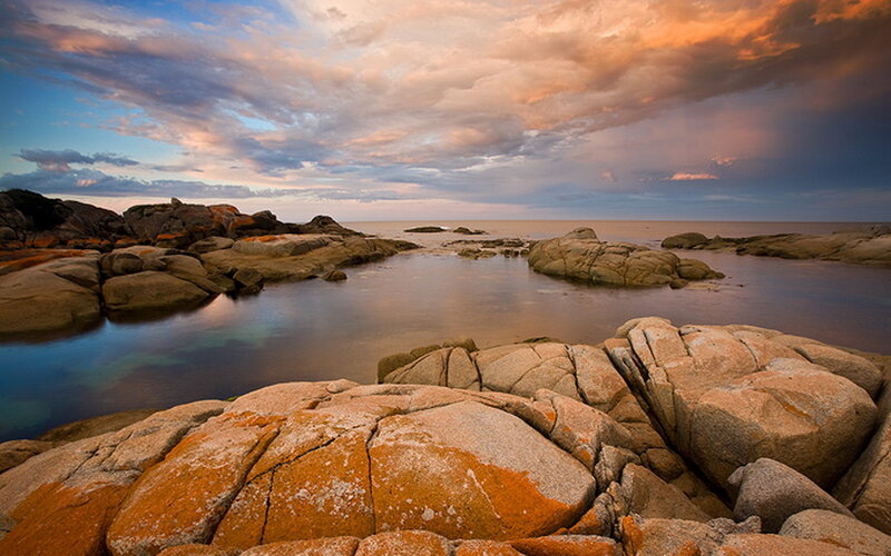 Rocky Coastline at Sunset — Orange, Dramatic, Photograph, Rocks, Sea