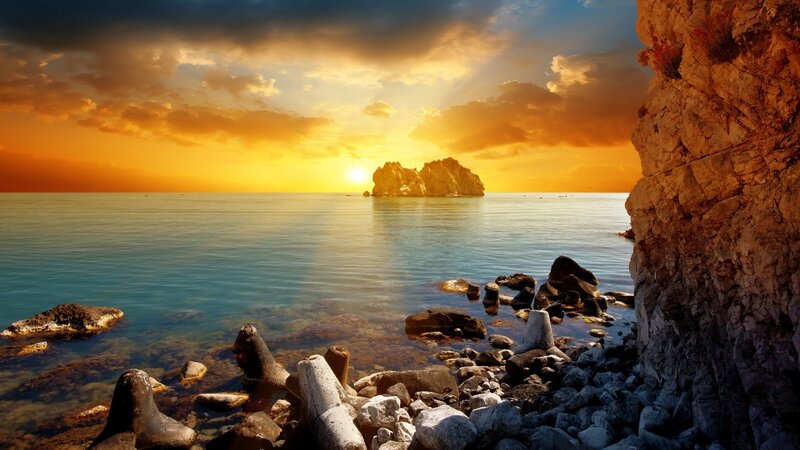 Rocky Coastline at Sunset — Orange, Dramatic, Photograph, Sea, Island, Rocks