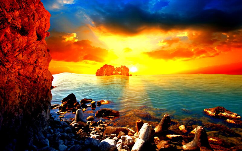 Rocky Coastline at Sunset — Orange, Dramatic, Photograph, Sea, Island