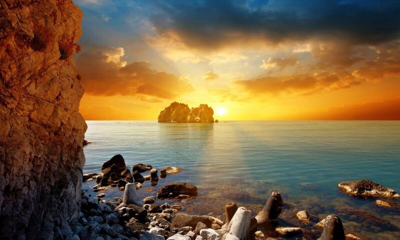 Rocky Coastline at Sunset — Orange, Dramatic, Photograph, Sea, Rocks