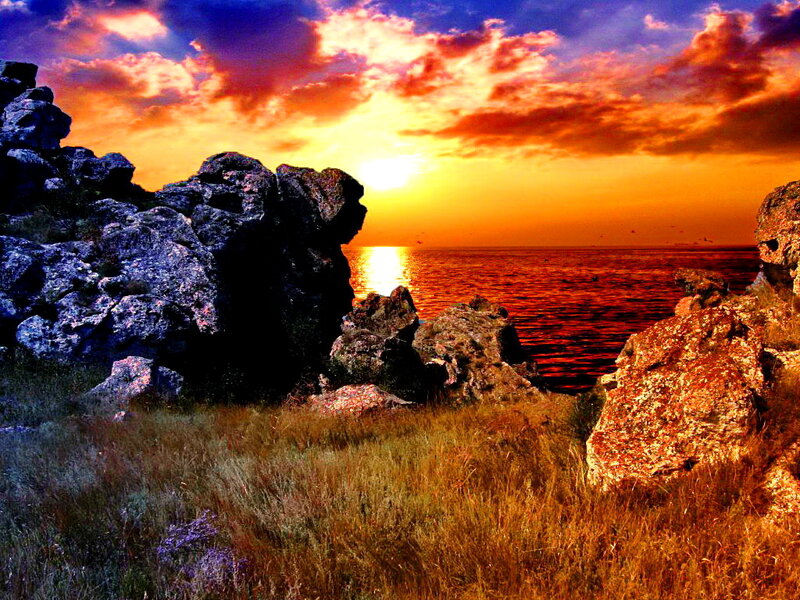 Rocky Coastline at Sunset — Orange, Dramatic, Photograph, Sea, Sky