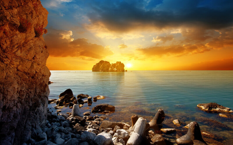 Rocky Coastline at Sunset — Orange, Dramatic, Photograph, Sea, Sun, Clouds
