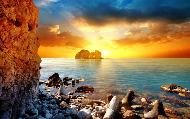 Rocky Coastline at Sunset — Orange, Dramatic, Photograph, Sea, Sun