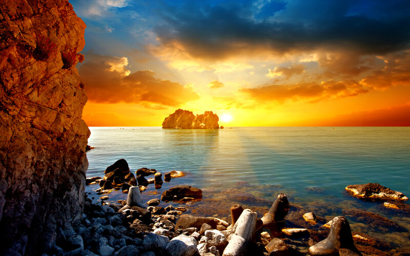 Rocky Coastline at Sunset — Orange, Dramatic, Photograph, Sea