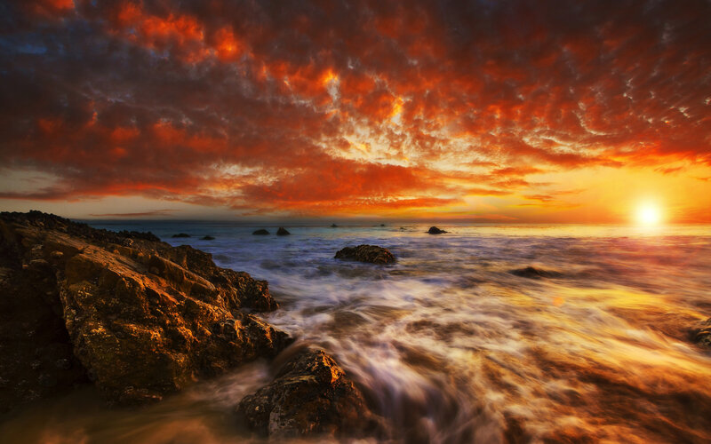 Rocky Coastline at Sunset — Orange, Dramatic, Photograph, Sun, Ocean, Rocks