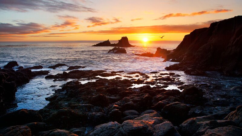 Rocky Coastline at Sunset — Orange, Dramatic, Photograph, Sun, Ocean