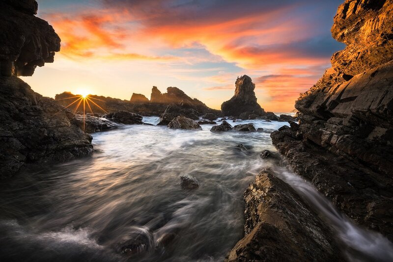 Rocky Coastline at Sunset — Orange, Dramatic, Photograph, Sun, Rocks