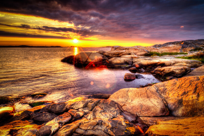 Rocky Coastline at Sunset — Orange, Dramatic, Photograph, Sun, Sea