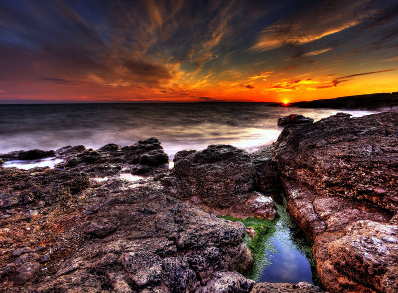 Rocky Coastline at Sunset — Orange, Dramatic, Photograph, Sun