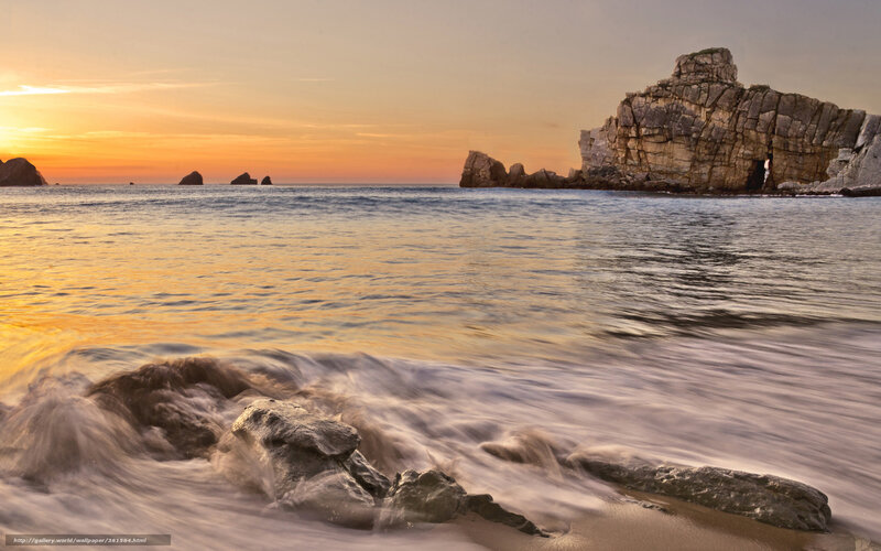 Rocky Coastline at Sunset — Orange, Serene, Photograph, Ocean, Rocks, Sky