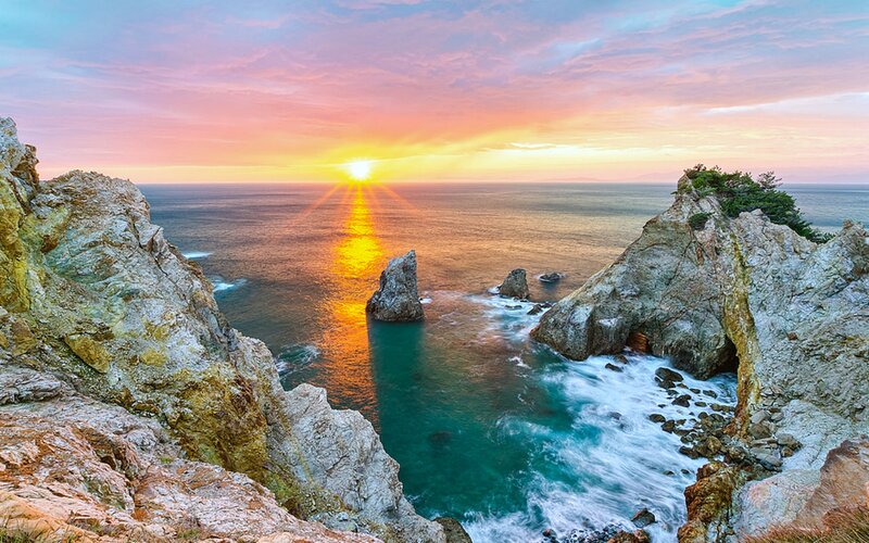 Rocky Coastline at Sunset — Orange, Serene, Photograph, Ocean, Sun, Rocks