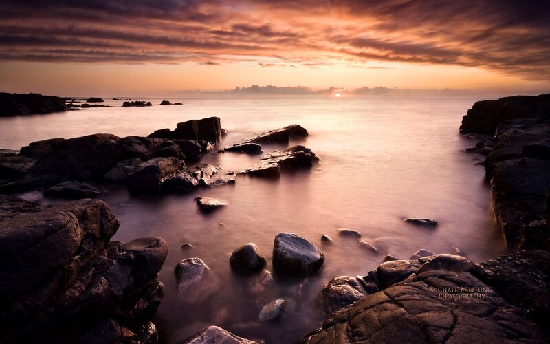 Rocky Coastline at Sunset — Orange, Serene, Photograph, Rocks, Ocean
