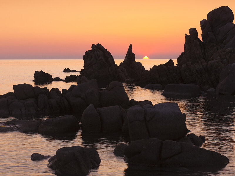 Rocky Coastline at Sunset — Orange, Serene, Photograph, Rocks, Sea, Sun