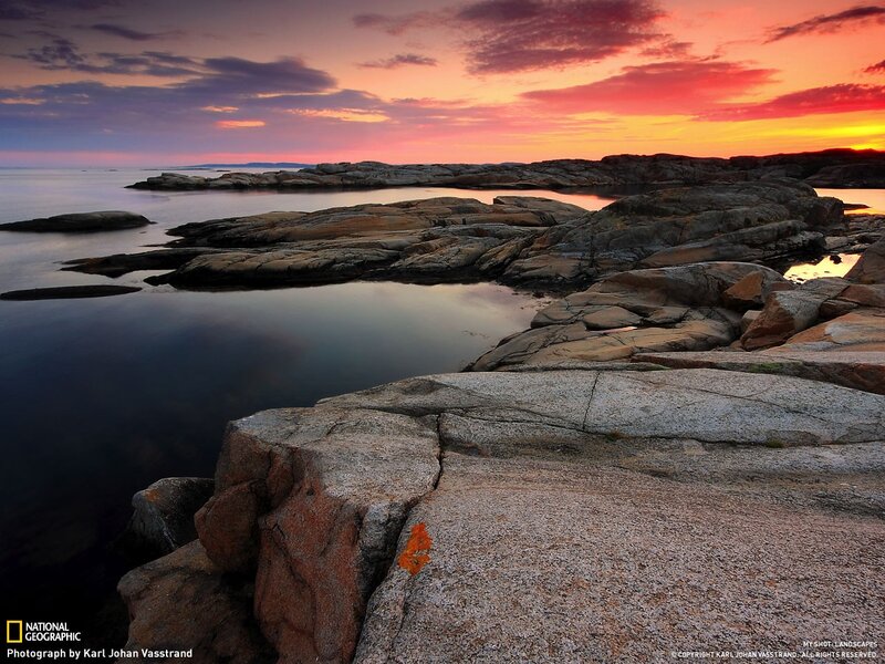Rocky Coastline at Sunset — Orange, Serene, Photograph, Rocks, Water