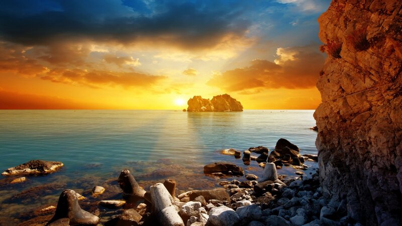 Rocky Coastline at Sunset — Orange, Serene, Photograph, Sea