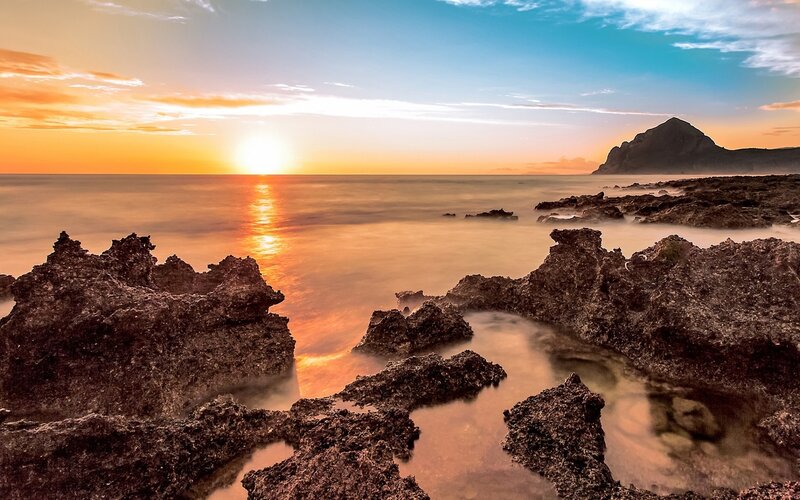 Rocky Coastline at Sunset — Orange, Serene, Photograph, Sun, Ocean