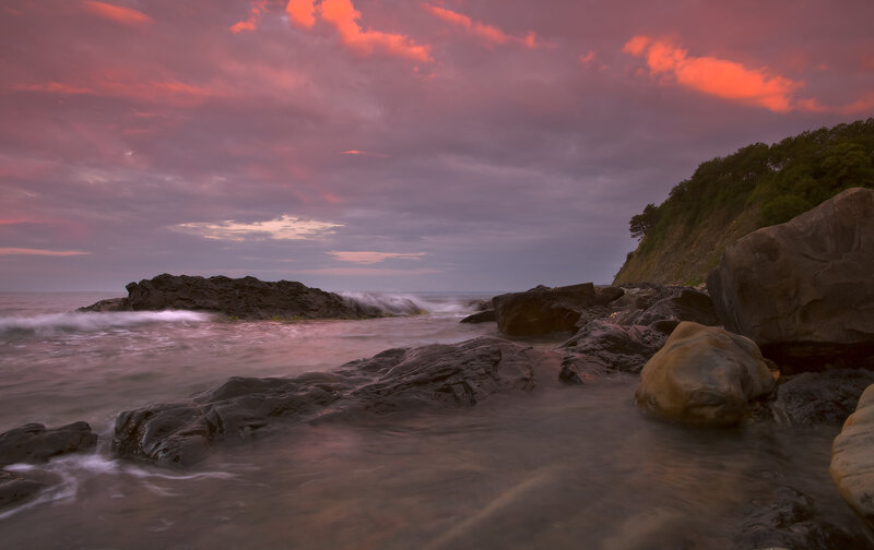 Rocky Coastline at Sunset — Pink, Dramatic