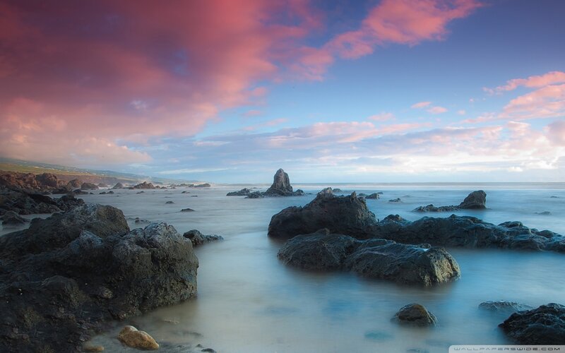 Rocky Coastline at Sunset — Pink, Serene, Photograph, Rocks, Ocean, Sky, Clouds