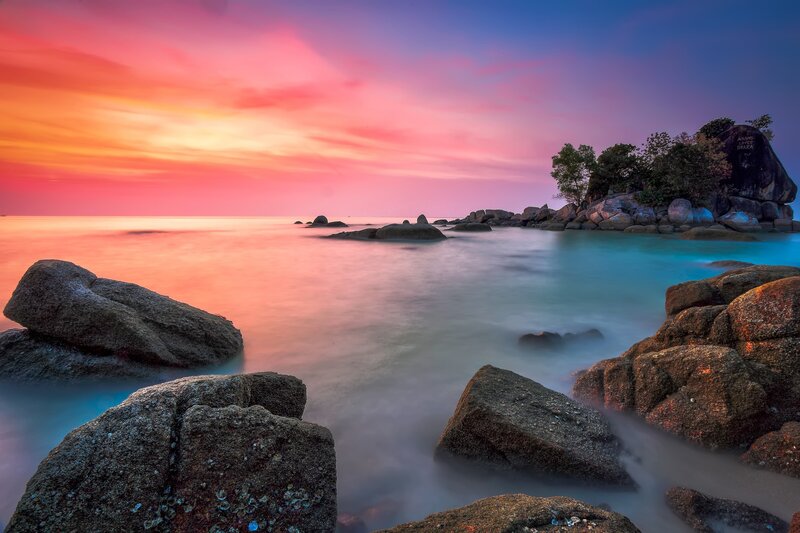 Rocky Coastline at Sunset — Pink, Serene, Photograph, Rocks, Sea, Sky, Trees