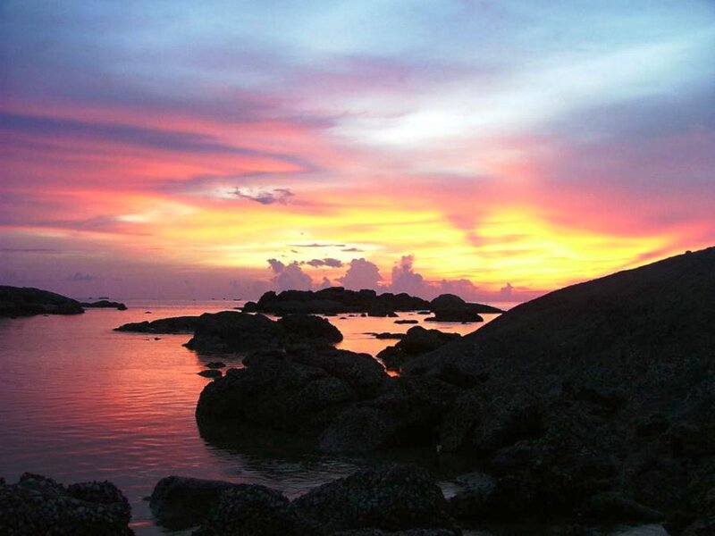 Rocky Coastline at Sunset — Pink, Serene, Photograph, Rocks