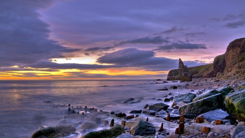 Rocky Coastline at Sunset — Purple, Dramatic, Photograph, Ocean, Cliffs, Clouds