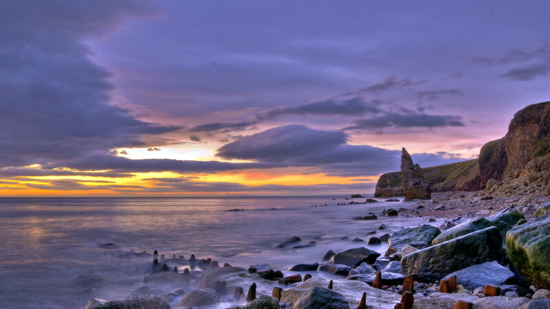 Rocky Coastline at Sunset — Purple, Dramatic, Photograph, Ocean, Cliffs