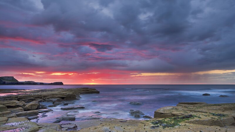 Rocky Coastline at Sunset — Purple, Dramatic, Photograph, Ocean, Clouds, Cliffs