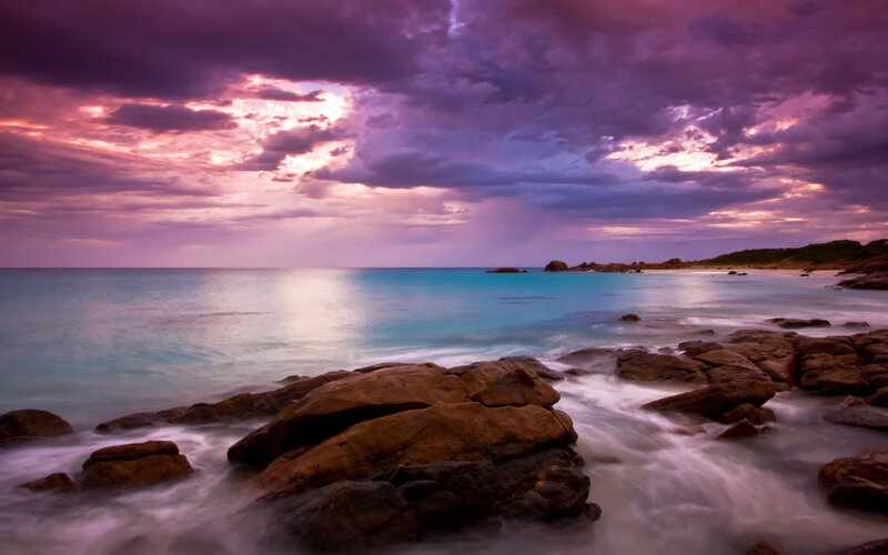 Rocky Coastline at Sunset — Purple, Dramatic, Photograph, Ocean, Clouds, Rocks