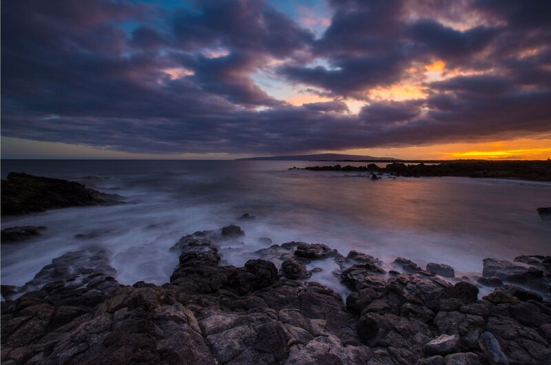 Rocky Coastline at Sunset — Purple, Dramatic, Photograph, Ocean, Clouds