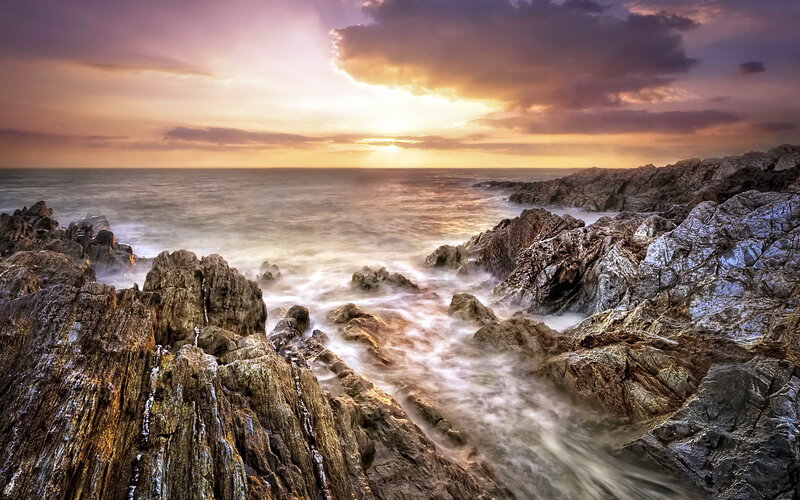 Rocky Coastline at Sunset — Purple, Dramatic, Photograph, Ocean, Rocks
