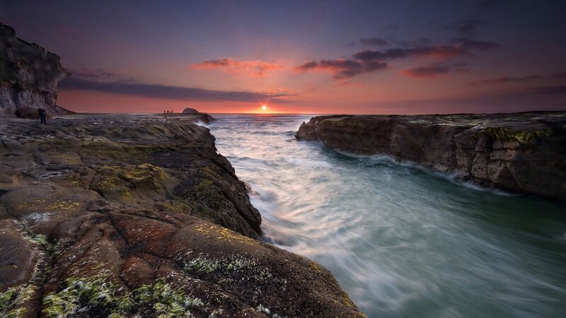 Rocky Coastline at Sunset — Purple, Dramatic, Photograph, Ocean, Sky, Cliffs