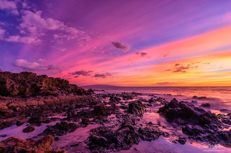 Rocky Coastline at Sunset — Purple, Dramatic, Photograph, Ocean, Sky, Clouds