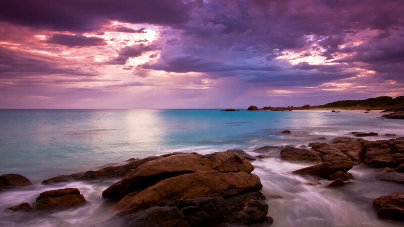 Rocky Coastline at Sunset — Purple, Dramatic, Photograph, Ocean, Sky, Rocks, Blue