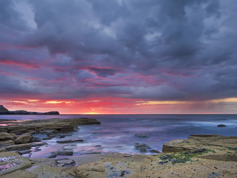 Rocky Coastline at Sunset — Purple, Dramatic, Photograph, Ocean, Sky, Rocks, Pink