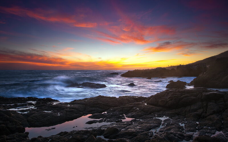Rocky Coastline at Sunset — Purple, Dramatic, Photograph, Ocean, Sky