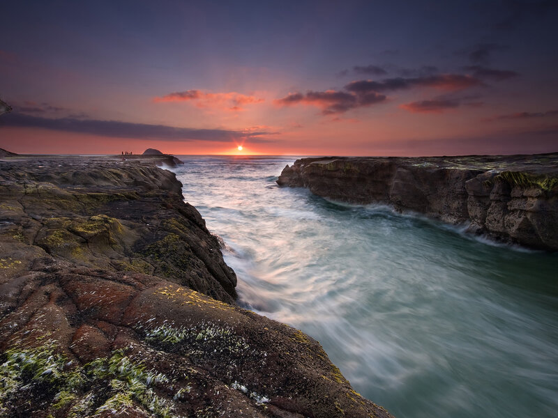 Rocky Coastline at Sunset — Purple, Dramatic, Photograph, Ocean, Sun